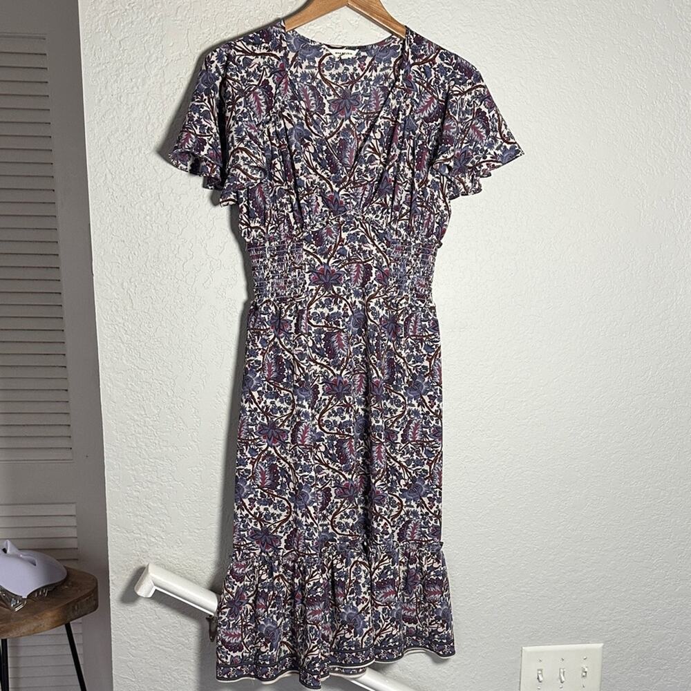Max Studio Midi Dress Flutter Sleeve Smocked Waist Purple Blue Brunch Church